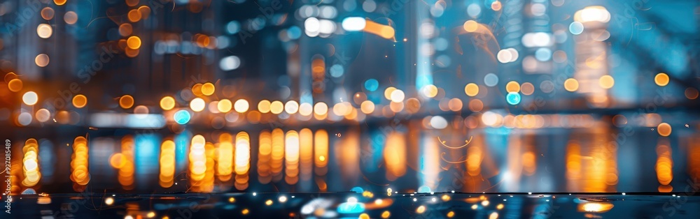 Poster a blurry, abstract image of a city at night. the city lights are reflected in a body of water, creat
