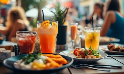 group of friends enjoying a lively brunch at a stylish cafe