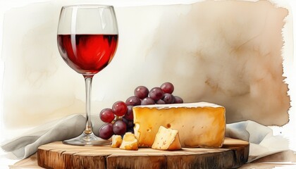 Wine and Cheese Delight, a rich scene showcasing a glass of red wine alongside a selection of creamy cheese and fresh grapes, exuding elegance and indulgence.