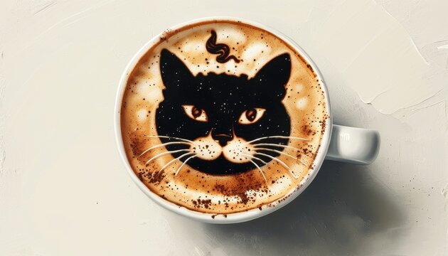Cat-Inspired Coffee Art, a stunning latte art design featuring a black cat face intricately crafted on creamy foam, surrounded by cocoa sprinkle accents.