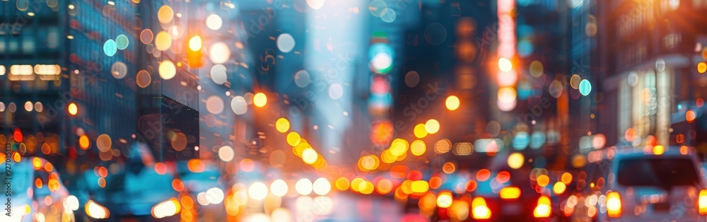 Poster a blurry out-of-focus image of a city street at dusk with traffic flowing and lights from vehicles a