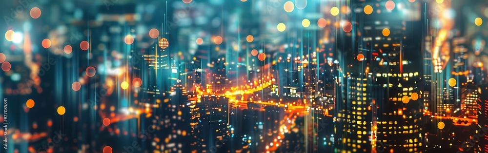 Fototapete a nighttime view of a city with blurred lights and digital elements, creating a sense of movement an
