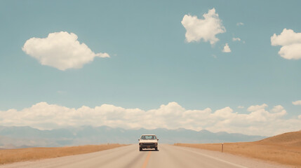 A car driving down an open highway with scenic landscapes, capturing the freedom and adventure of a road trip.