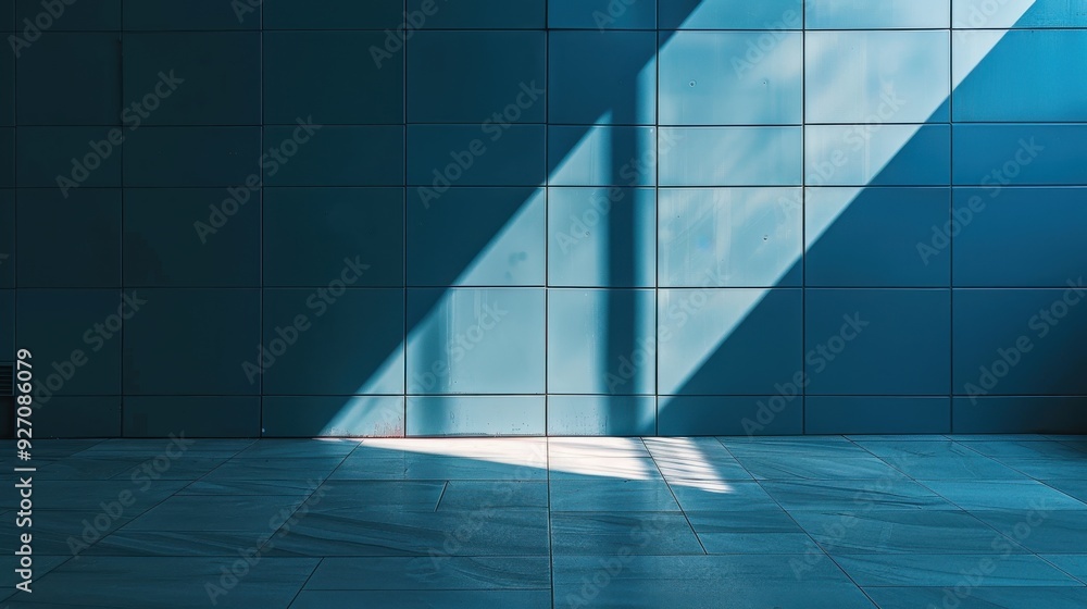 Aufkleber a shaft of sunlight illuminates a tiled wall and floor in a blue hue, casting distinct stripes of li