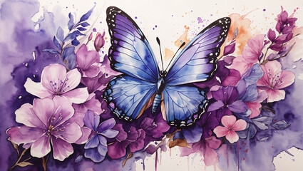 This is a painting of a blue butterfly surrounded by purple flowers.
