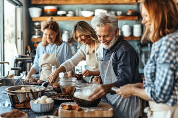 Middle-Aged Friends Enjoying a Cooking Class on Homemade Ice Cream Preparation - Great for Culinary Learning Events