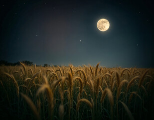 Fototapeta premium a full moon is shining and seen on the night starry skies over a wheat field on sharad purnima celebration