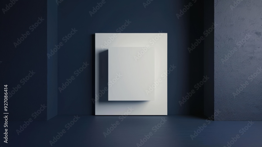 Leinwandbilder A white square frame sits on a blue wall in an empty room. The frame is made of two square pieces, one slightly larger than the other. The inner square is recessed, creating a shadow around its edges.
