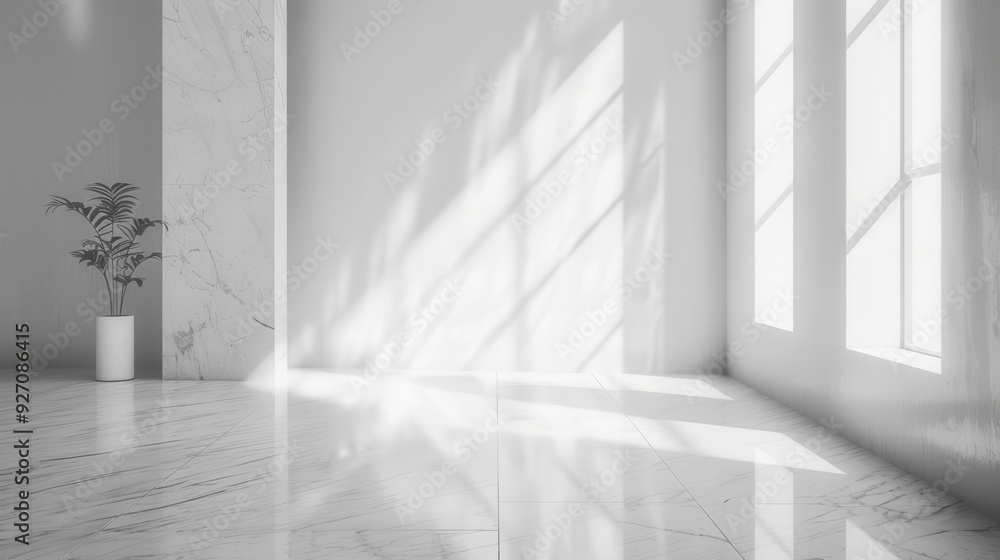 Leinwandbilder a bright, white room with large windows that allow sunlight to stream in and create patterns on the 