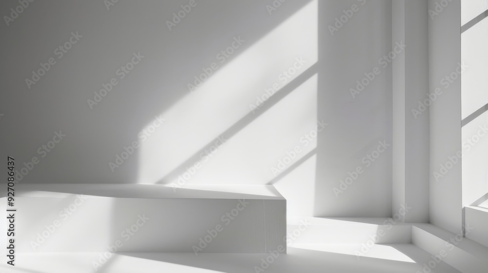 Poster a white room with a large window casting sunlight through the room. the sunlight creates long shadow