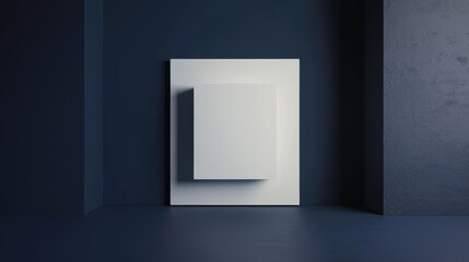 A white square frame sits on a blue wall in an empty room. The frame is made of two square pieces, one slightly larger than the other. The inner square is recessed, creating a shadow around its edges.