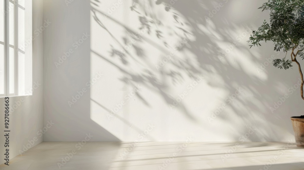Poster a bright white room with a large window that casts sunlight and the shadow of a tree onto the wall. 