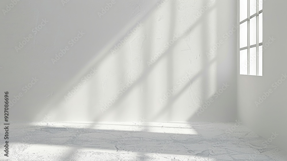 Leinwandbilder Sunlight streams through a window with multiple panes, casting a grid of shadows on the white walls and floor of a clean, empty room.