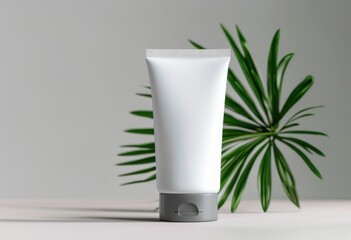 Minimalist cosmetic tube against a soft backdrop, complemented by a vibrant green palm leaf, showcasing modern design and eco-friendly aesthetics.