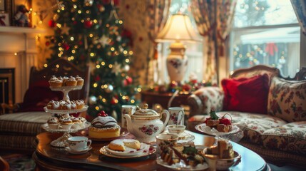 Naklejka premium Cozy Christmas Living Room Tea Party with Holiday Pastries and Festive Decorations