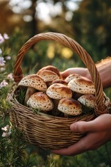 Person holding basket of mushrooms