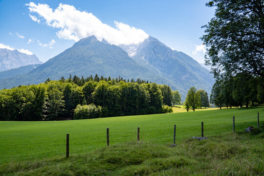 View over meadows and forest to the Blaueis, the northernmost glacier in the Alps in the Bavarian part of the Berchtesgaden Alps. The glacier lies between Blaueisspitze (2480 m) and Hochkalter (2607m)