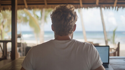 A digital nomad working on a laptop in a tropical beach café, with a relaxed atmosphere and palm trees in the background.