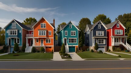 A group of identical houses in a suburban neighborhood with one house painted in vibrant colors, highlighting differentiation. generative.ai