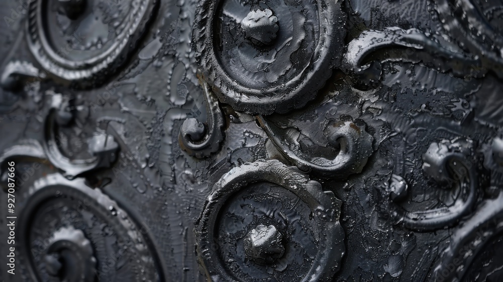 Poster a close-up shot captures the intricate details of black metalwork on a gate. the surface is adorned 