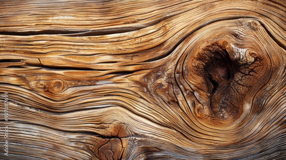 Poster a close-up shot of a weathered wooden surface, showing the intricate detail of the grain and a large