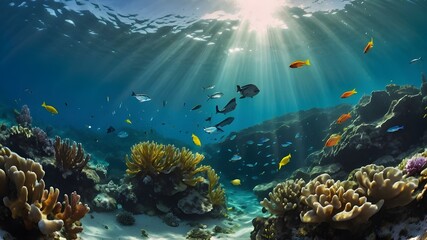 "Dive into a world of crystal clear waters, where the sun's rays dance on the surface and colorful fish swim beneath. Create your own beautiful water set with our AI platform, and let your imagination