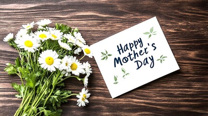 A beautiful bouquet of daisies beside a card wishing a Happy Mother's Day, perfect for celebrations and heartfelt gestures.