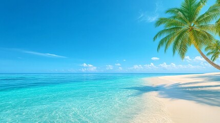 A serene tropical beach scene featuring clear blue waters and lush palm trees under a bright sky.