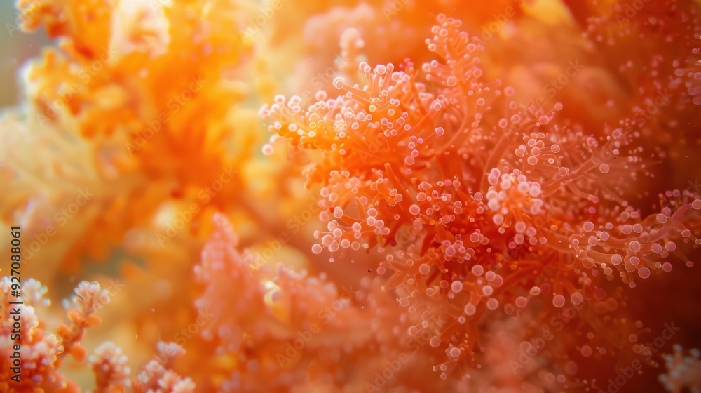 Poster a close-up underwater photograph of an orange and white coral colony, showing the intricate detail o