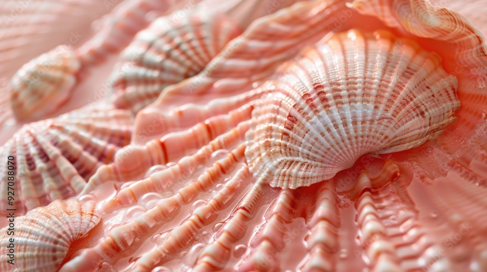 Poster Pink seashells of varying sizes are piled on top of one another. The shells have a shiny, wet appearance, and the sunlight reflects off of them. The image is taken from a close-up perspective.