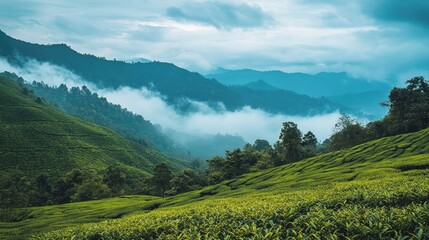 Obraz premium A picturesque view of the tea plantations in Darjeeling with mist-covered hills.