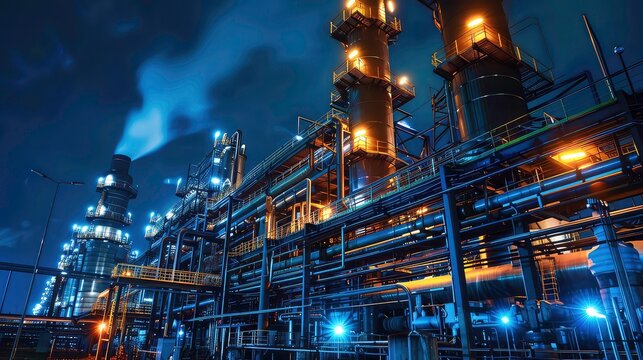 A night view of an industrial plant with tall smokestacks and a network of pipes and platforms. The factory is lit up with bright lights and steam rises from a chimney.
