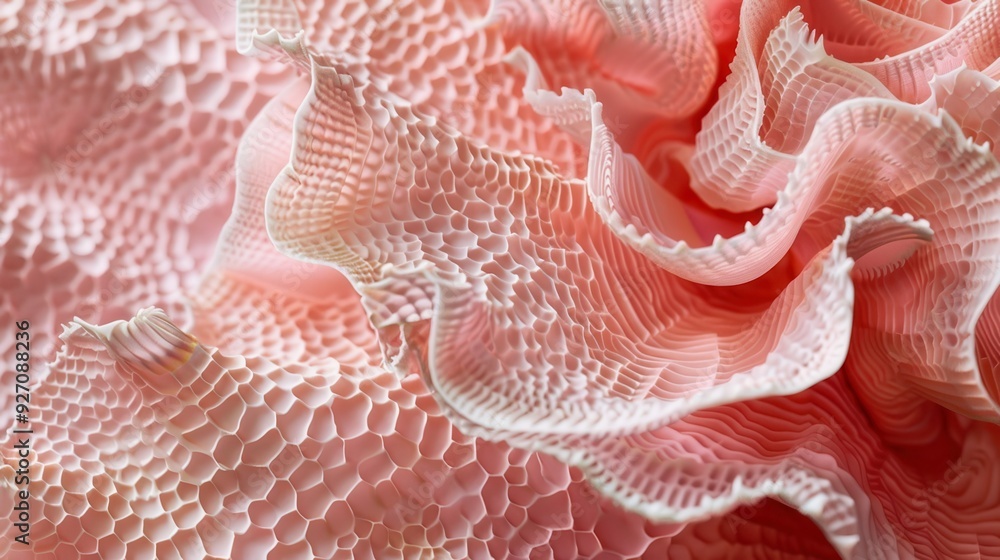 Aufkleber a close-up view of a pink and white coral structure with a honeycomb pattern. the coral has a delica