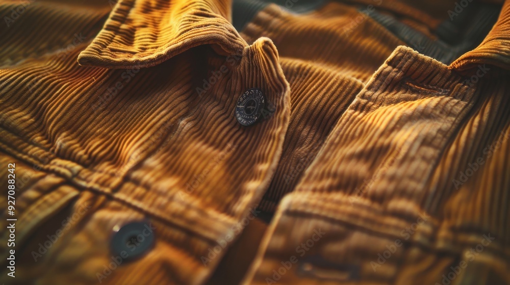 Aufkleber the image shows a close-up view of the collar of a brown corduroy jacket. the fabric is textured and