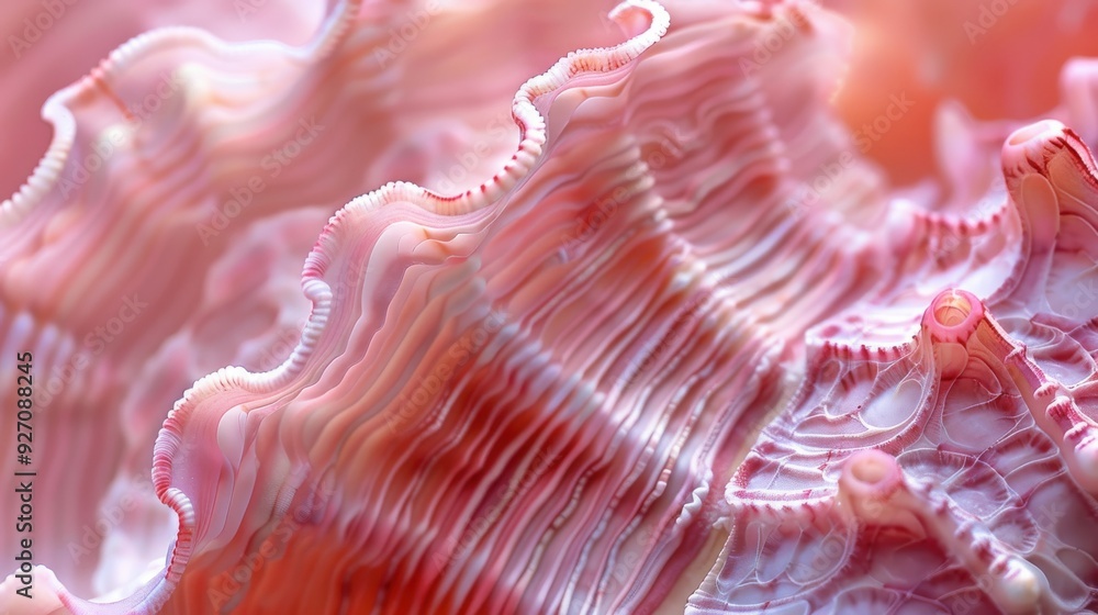 Poster A close-up view of a pink and white seashell with a complex, layered structure. The shell features delicate, frilled edges and intricate grooves that create a mesmerizing pattern. The image captures t