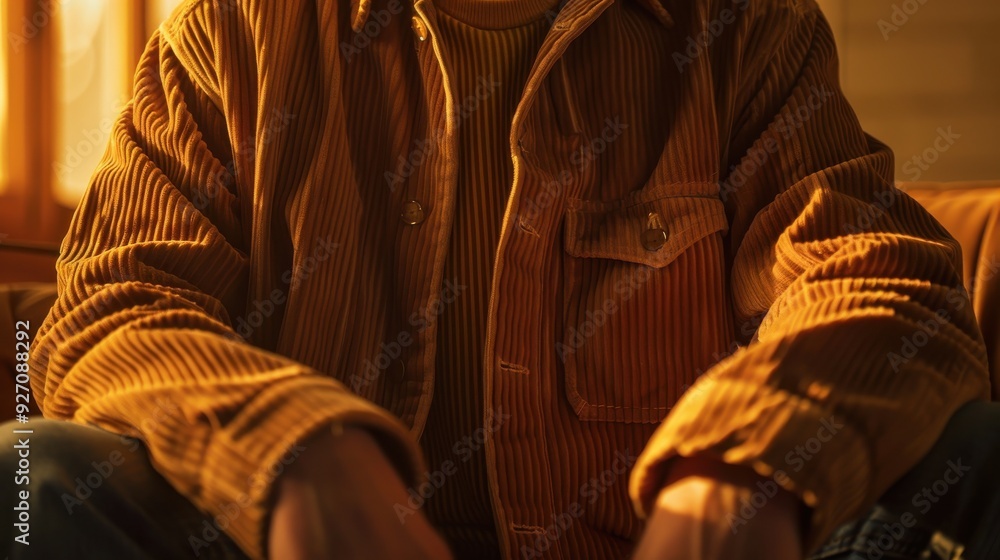 Poster A person wearing a mustard corduroy jacket is sitting with their arms crossed. The jacket is buttoned up and has a patch pocket on the chest. The person's hands are resting on their lap. The warm ligh