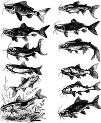 Catfish Set Illustration in Detailed Ink Sketch, Showcasing Various Catfish Species with Vintage Hand-Drawn Precision and Style