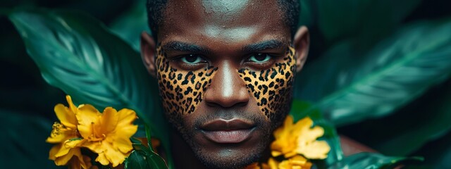  A man wearing leopard print on his face, surrounded by yellow flowers, and adorned with a garland of green leaves