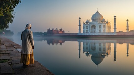 A scenic view of the Taj Mahal at sunrise, with the Yamuna River reflecting the iconic monument.