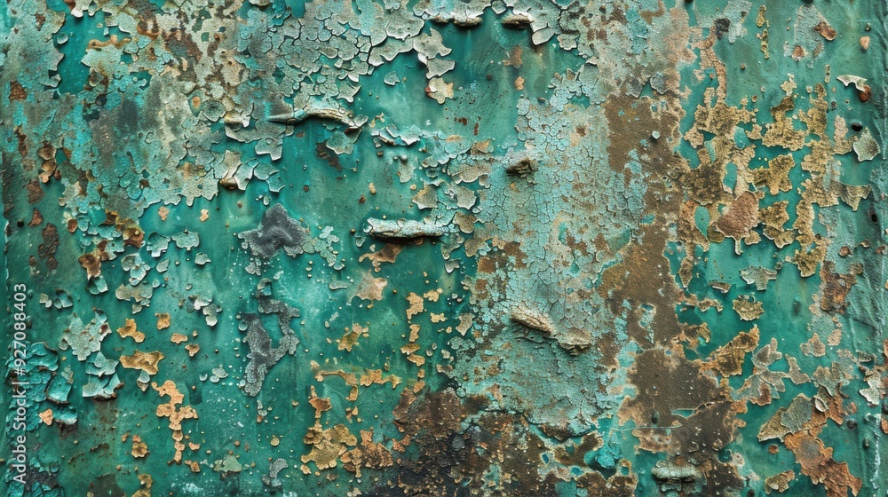 Poster the image shows a close up view of rusty metal with peeling teal paint. the paint is chipping and fl