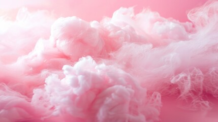 Fototapeta premium A close-up image of pink and white cotton candy clouds, illuminated by soft, natural light. The candy is fluffy and airy, resembling a dreamy, whimsical scene.