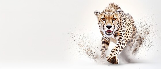 Naklejka premium A cheetah running on a white background, dust flying from its back legs The cheetah's face is partially hidden by its rear end