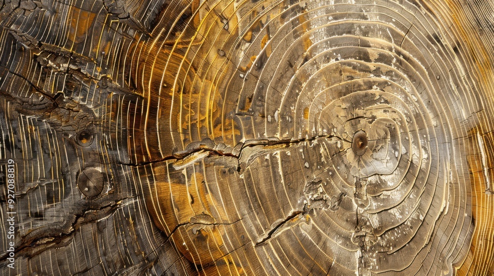 Poster A close-up view of the concentric circles of tree rings, showcasing the natural pattern of a tree's growth and a crack running through the center. The rings show varying colors and textures, revealing