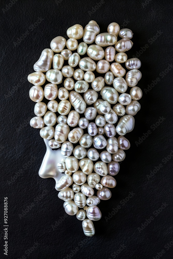 Wall mural a bunch of pearls in the shape of a woman's head on a black surface