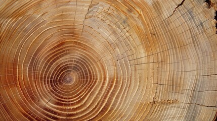 Fototapeta premium A close-up image showcases the intricate pattern of tree rings on a freshly cut tree stump. The concentric circles, known as growth rings, are visible, revealing the tree's age and history of growth. 