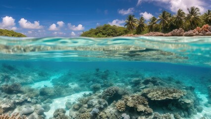 Obraz premium Clear turquoise water with coral reef below, vibrant and tropical.