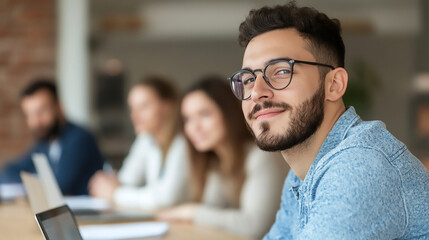 A group of diverse professionals in a modern conference room, engaged in a meeting.