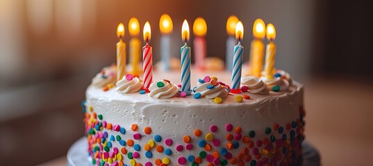 A colorful birthday cake with many candles on it