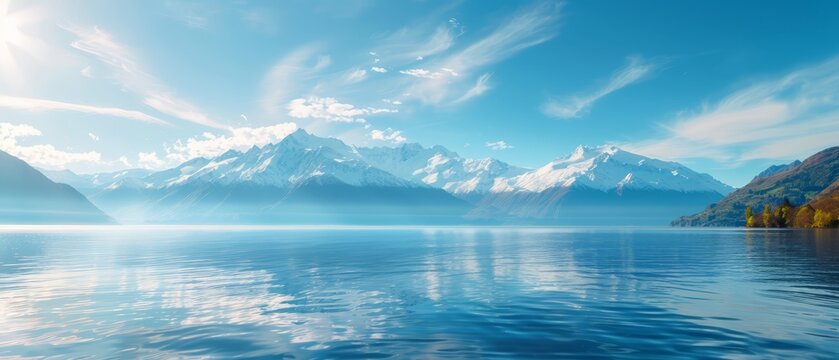  A scene of a expansive water body, framed by a mountain range in the backdrop, and a clear blue sky dotted with clouds up front