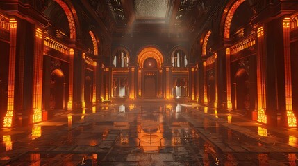 An interior view of a large, ornate building with golden arches, columns and a tiled floor. The room is empty and lit by soft, warm light.